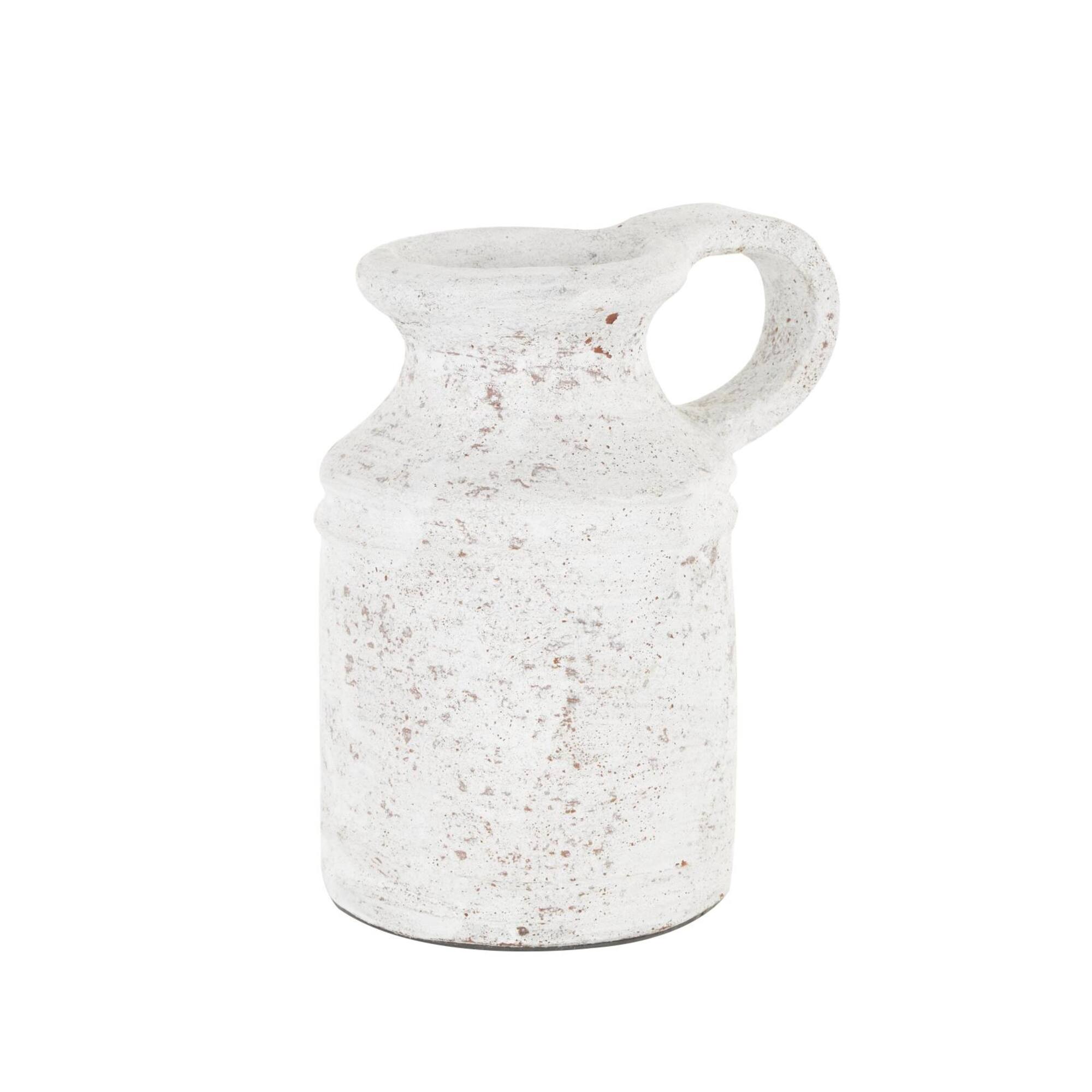 10" White Ceramic Antique Style Textured Vase with Terracotta Accents and Ring Handle